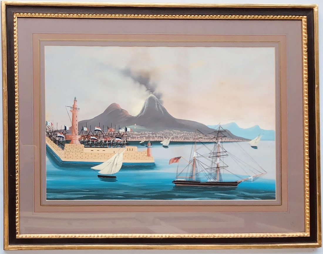 Port Of Naples Gouache On Paper, 19th Century: Italian School, Port of Naples (featuring the Molo San Vincenzo Lighthouse), gouache on paper, unsigned. Circa late 19th century. Not examined out of frame. Overall condition appears to be