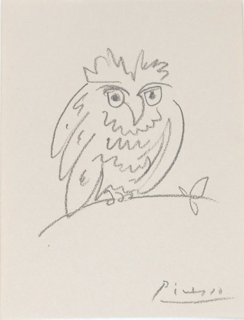 Pablo Picasso* (1881-1973) Pencil Drawing (See Fine Art Disclaimer): Pencil drawing on cream-color wove paper, perching owl, signed (Pablo Picasso*, 1881-1973). Very good condition, having no readily apparent damage or repairs. Removed from frame for inspection, photog