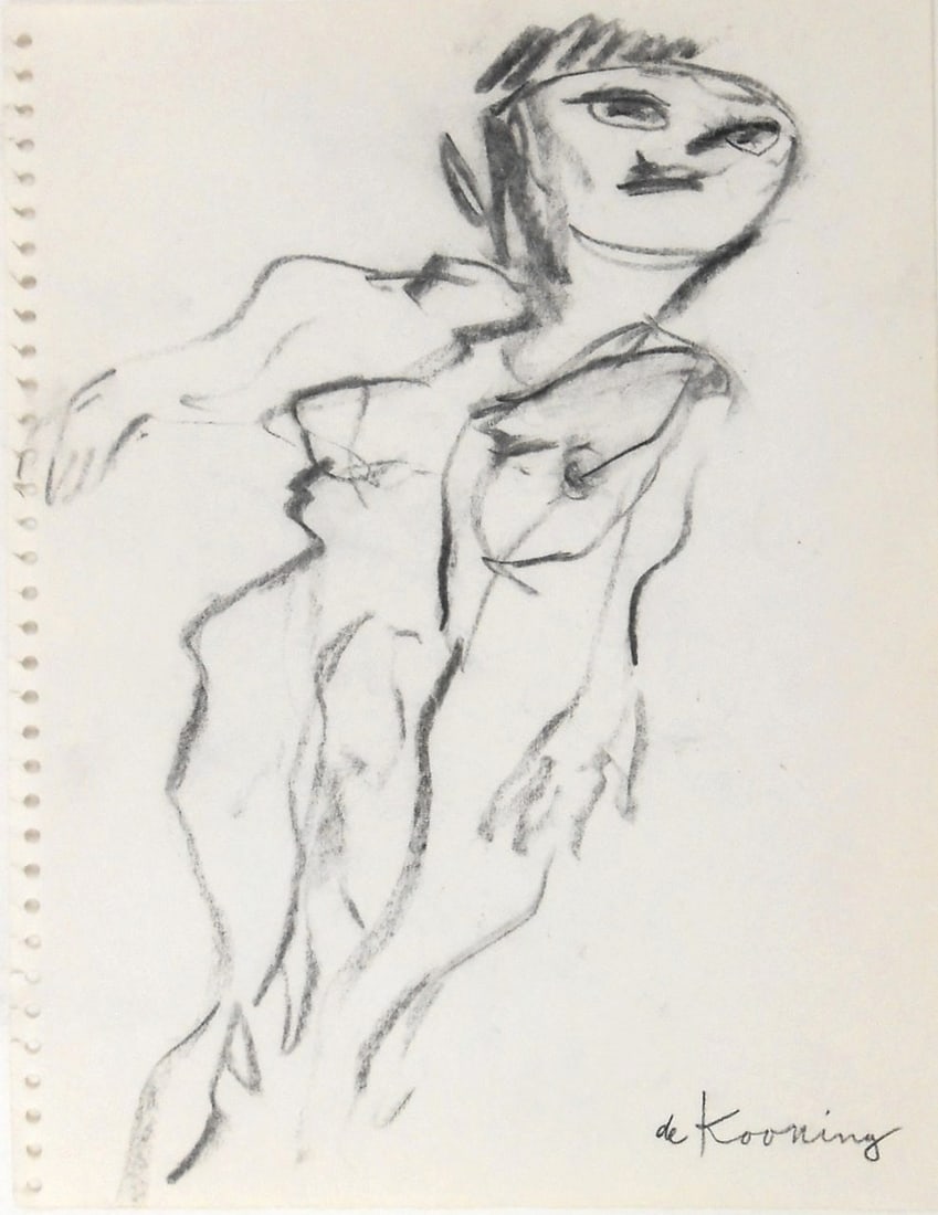 Willem De Kooning* (1904-1997) Charcoal Drawing (See Fine Art Disclaimer): Charcoal drawing on watermarked sketchbook paper, untitled (woman), signed (Willem de Kooning*, 1904-1997). Very good condition, having no apparent damage or repairs. Removed from frame for