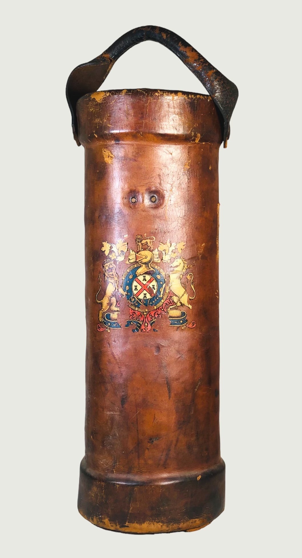 Artillery Bag, Circa 1890-1910: British leather artillery (or cordite) bag, circa late 19th/early 20th century. With British royal coat of arms. Very good condition overall. H. 20 1/2 inches