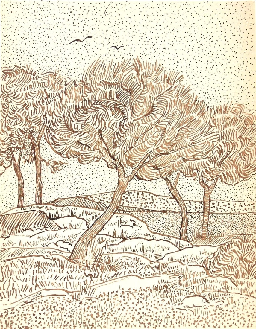 Vincent Van Gogh* (1853-1890) Ink Drawing (See Fine Art Disclaimer): Pen and brown ink drawing on wove paper, landscape with trees and birds, signed (Vincent van Gogh*, 1853-1890). Very good condition, having no visible damage or repairs. Removed from frame for