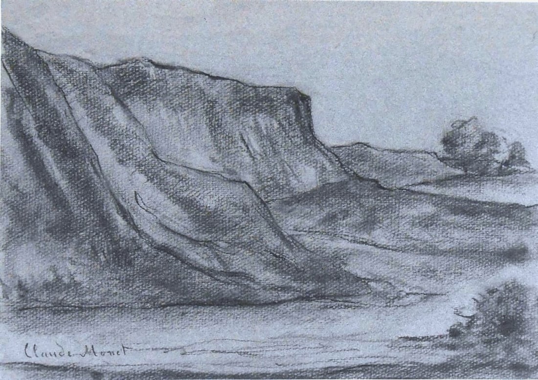 Claude Monet* (1840-1926) Charcoal Drawing (See Fine Art Disclaimer): Charcoal drawing on blue-gray wove paper (possibly Canson), landscape with cliffs, signed (Claude Monet*, 1840-1926). Very good condition overall, having no visible damage or repairs. Removed from fra