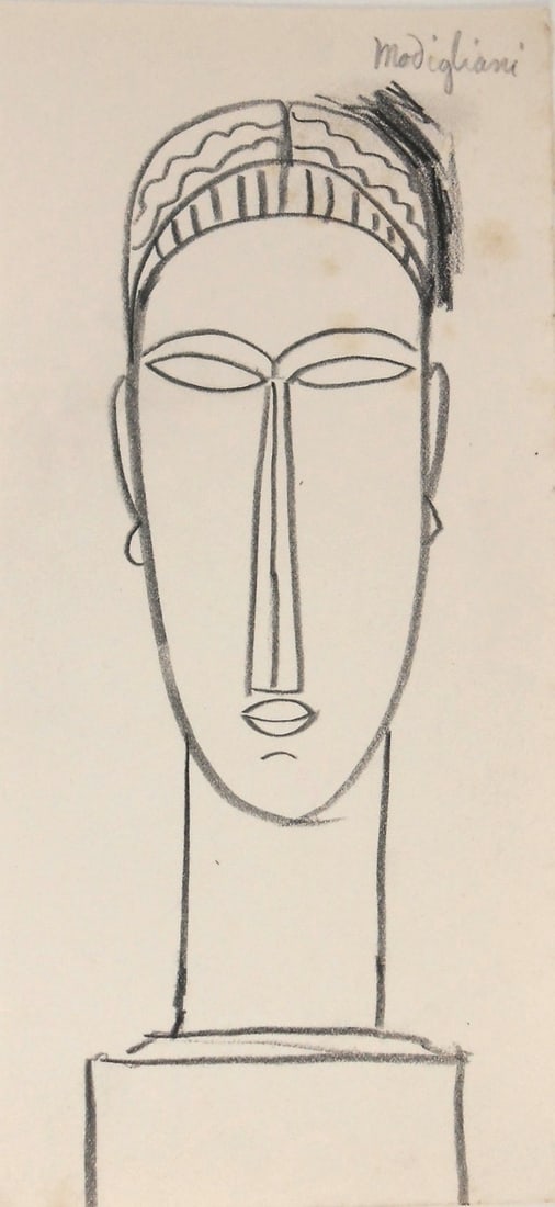 Amedeo Modigliani* (1884-1920) Ink Drawing (See Fine Art Disclaimer): Black pencil drawing on off-white wove paper, sculptural study, pencil signed (Amedeo Modigliani*, 1884-1920). Some small areas of light foxing, front and back, otherwise very good condition. Removed