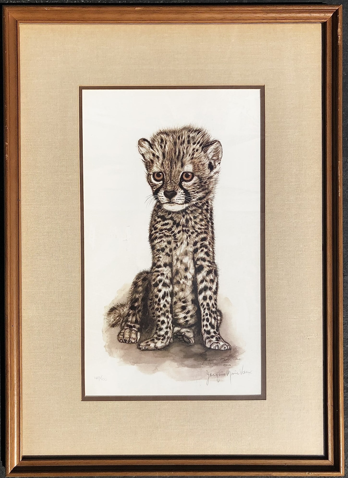Jacquie Vaux Original Color Lithograph: Original color lithograph, Cheetah Cub, by Jacquie Vaux, circa 1982. Pencil signed and numbered. Not examined out of frame; appears to be in very good condition. Framed Dimensions: H. 28 1/2 inches W.