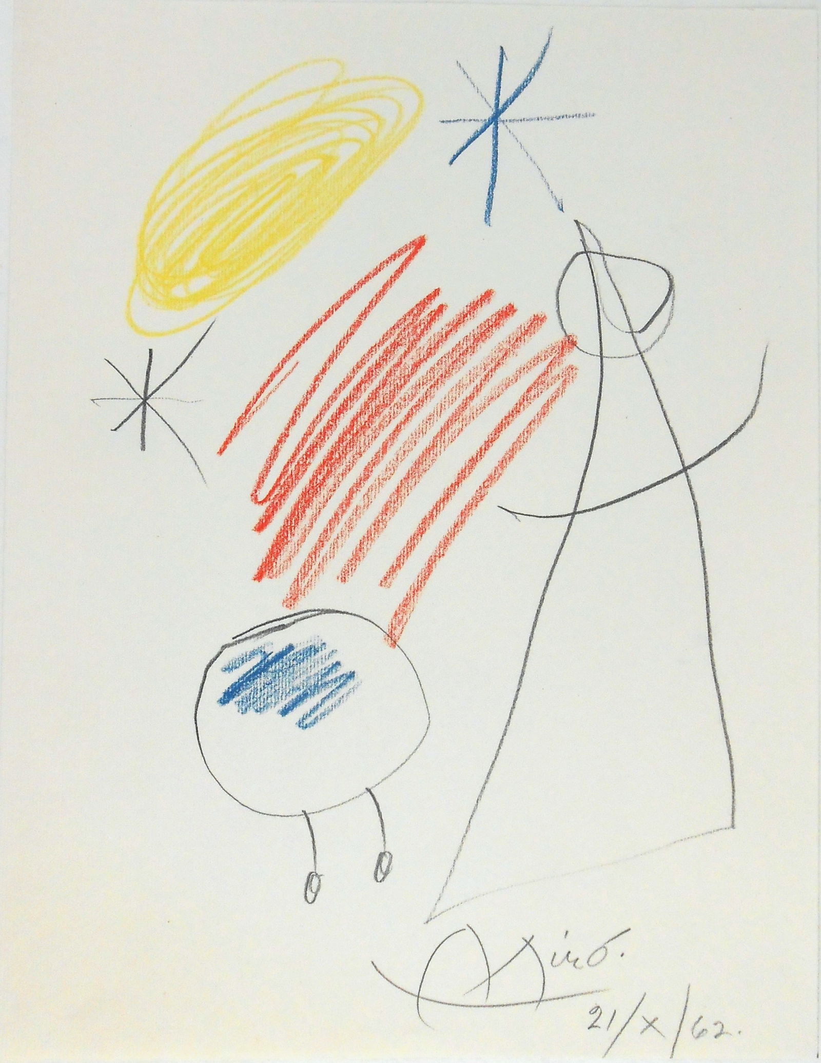 Joan Miro* (1893-1983) Mixed Media Drawing (See Guarantee & Disclaimer): Mixed media drawing on laid paper, untitled abstract (figures and constellations), signed and dated in pencil (Joan Miro*, 1893-1983). Very good condition. No visible damage or repairs. Removed from f