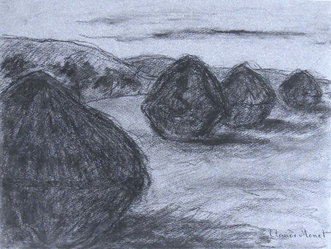 Claude Monet* (1840-1926) Charcoal Drawing (See Fine Art Disclaimer): Charcoal drawing on blue-gray wove paper (possibly Canson), hilly landscape with haystacks, signed (Claude Monet*, 1840-1926). Very good condition overall, having no visible damage or repairs. Removed