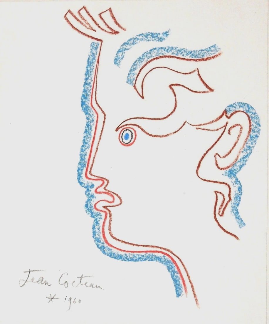 Jean Cocteau* (1889-1963) Pastel On Paper (See Fine Art Disclaimer: Colored chalk drawing on white wove paper, face in profile, pencil signed and dated (Jean Cocteau*, 1889-1963). Very good condition, having no visible damage or repairs. Removed from frame for inspect