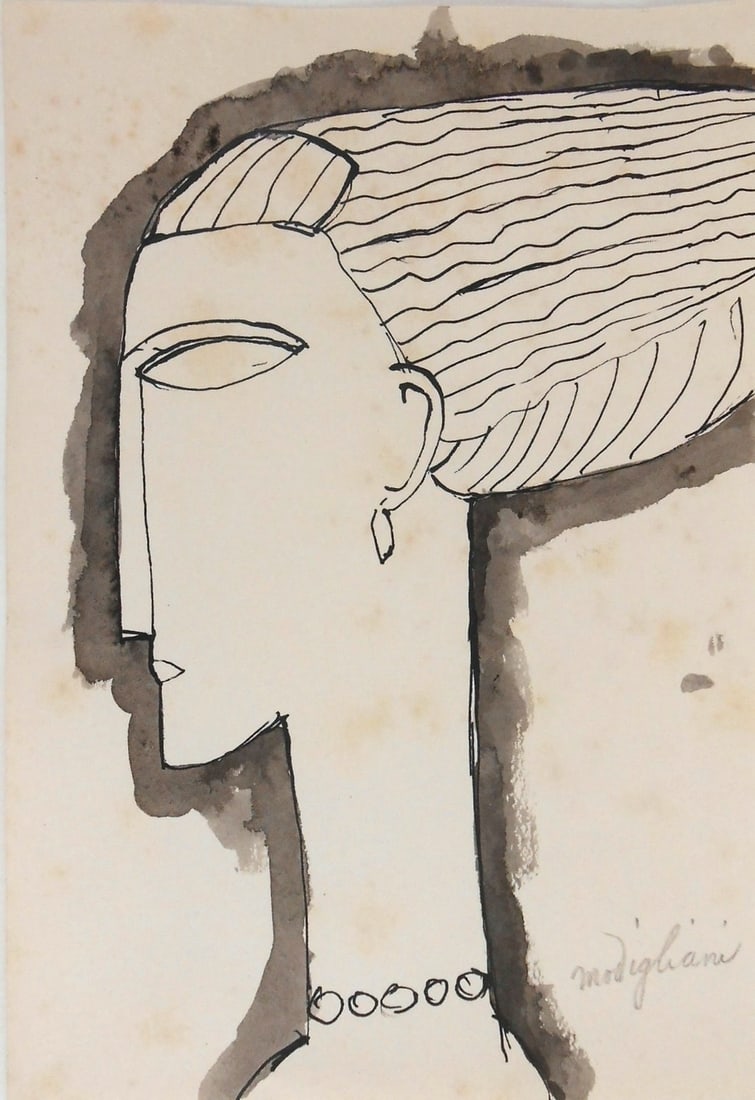 Amedeo Modigliani* (1884-1920) Ink Drawing (See Fine Art Disclaimer): Black ink drawing with wash on off-white wove paper, caryatid in profile, pencil signed (Amedeo Modigliani*, 1884-1920). Areas of foxing, front and back, light on the front of the drawing, heavier on