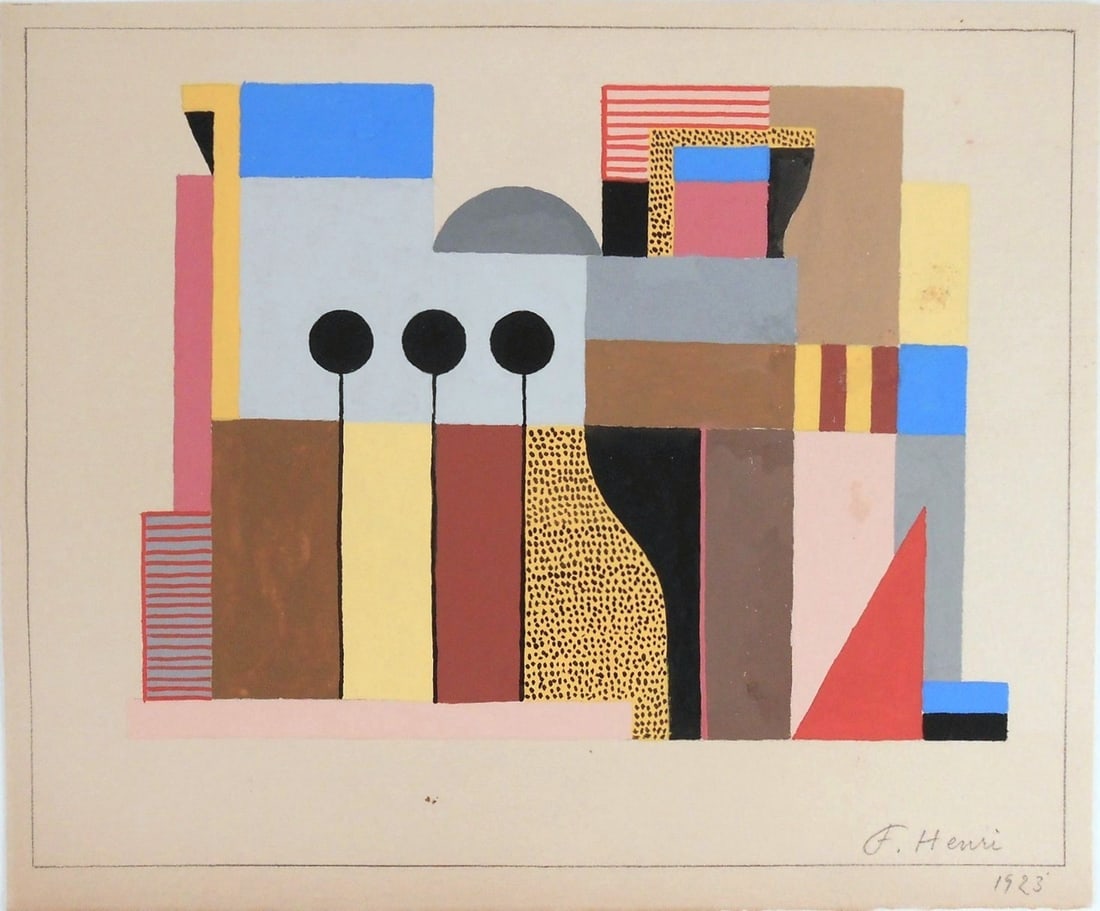Florence Henri* (1893-1982) Gouache: Gouache with pencil on cream-color wove paper, untitled abstract, signed in pencil and dated 1923 (Florence Henri*, 1893-1982). 9 1/2 x 11 1/2 inches. Excellent overall condition, having no apparent d