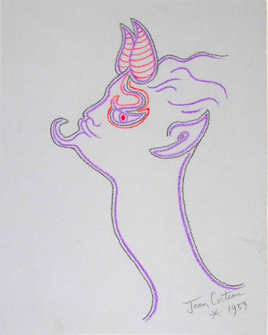 Jean Cocteau* (1889-1963) Pastel (See Guarantee & Disclaimer): Pastel (colored chalk) drawing on blue paper, satyr in profile, pencil signed and dated 1959 (Jean Cocteau*, 1889-1963). Very good condition. No evidence of any damage or repairs. Removed from frame f