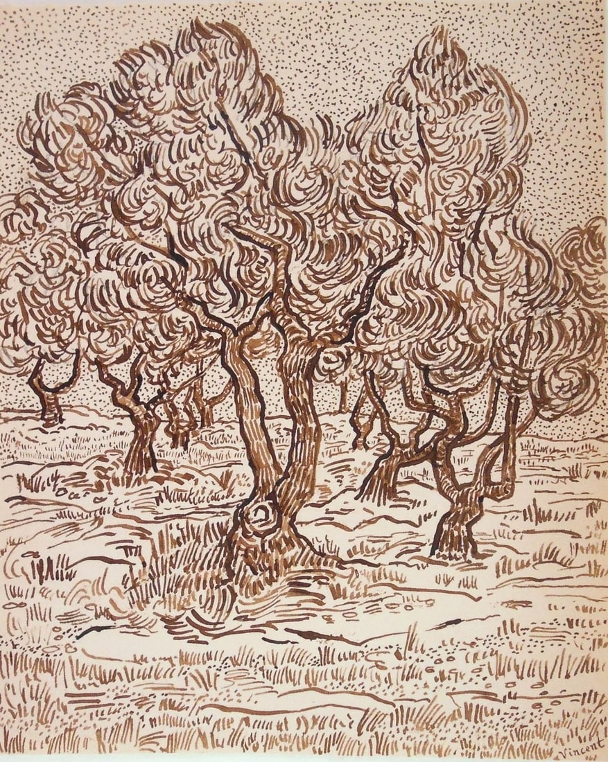 Vincent Van Gogh* (1853-1890) Ink Drawing (See Guarantee & Disclaimer): Brown ink drawing on wove paper, grove of olive trees, signed (Vincent van Gogh*, 1853-1890). Very good condition overall, having no readily apparent damage or repairs. Removed from frame for inspecti