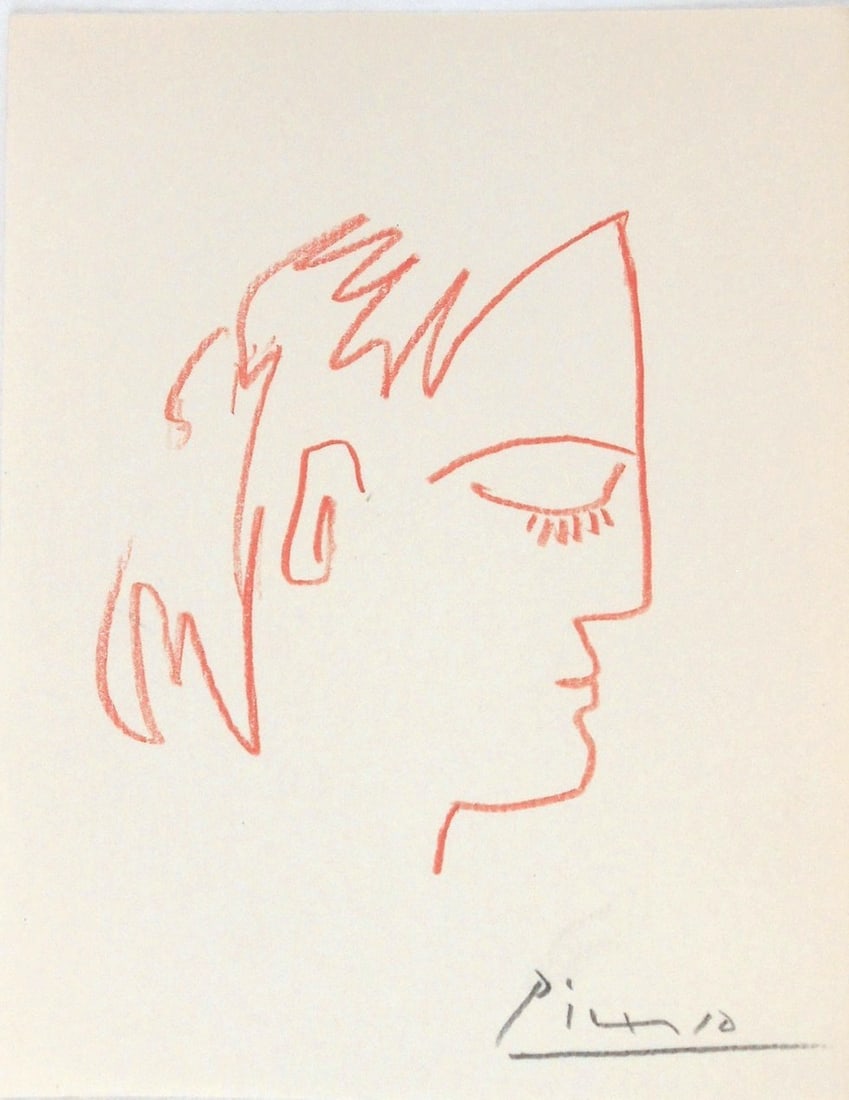 Pablo Picasso* (1881-1973) Colored Pencil Drawing (See Fine Art Disclaimer): Colored pencil drawing on cream color laid paper, woman's face in profile, pencil signed (Pablo Picasso*, 1881-1973). Very good condition overall, having no readily apparent damage or repairs. Removed