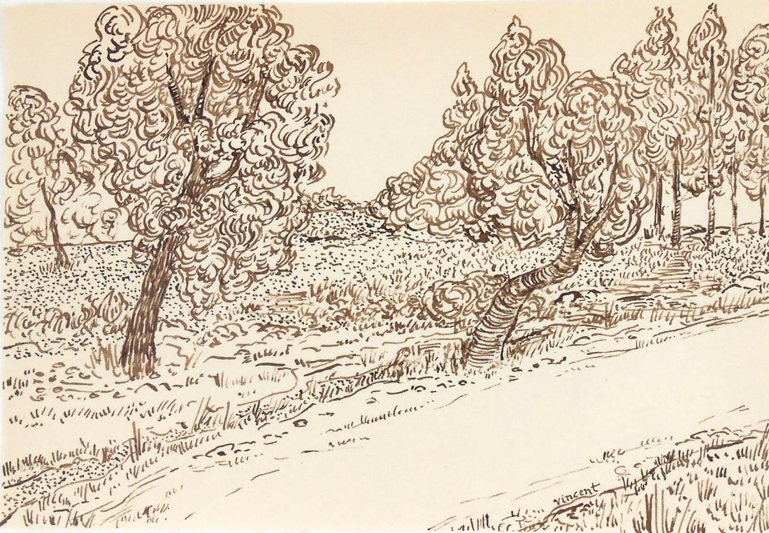 Vincent Van Gogh* (1853-1890) Ink Drawing (See Fine Art Disclaimer): Pen and brown ink drawing on wove paper, landscape with trees and path, signed (Vincent van Gogh*, 1853-1890). Very good condition overall, having no visible repairs. Removed from frame for inspection