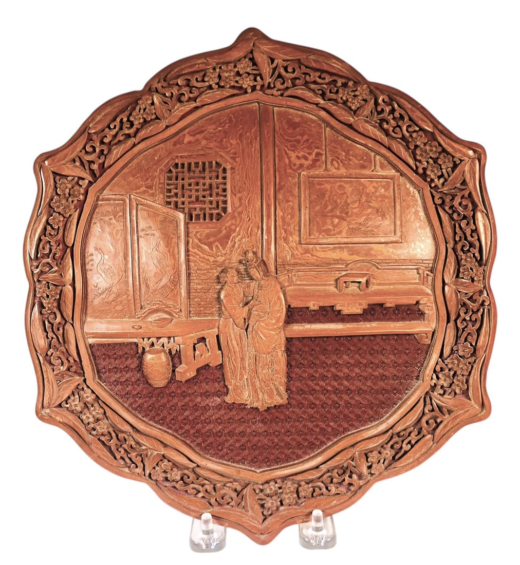 Chinese Carved Cinnabar Cabinet Plate. Circa 1900: Fine carved cinnabar cabinet plate, Chinese, circa 1900. Very good condition.Dimensions: 10 3/4 x 10 3/4 x 1 1/4 inches