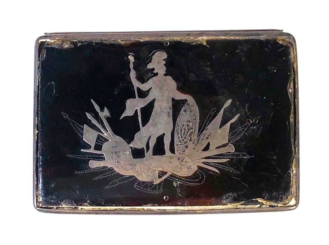 Antique Tortoise-Shell-Design Snuff Box: Tortoise-shell-design snuff box with silver inlay, probably English, circa mid-19th century. Some damage.Dimensions: 2 3/4 x 2 x 1/2 inches