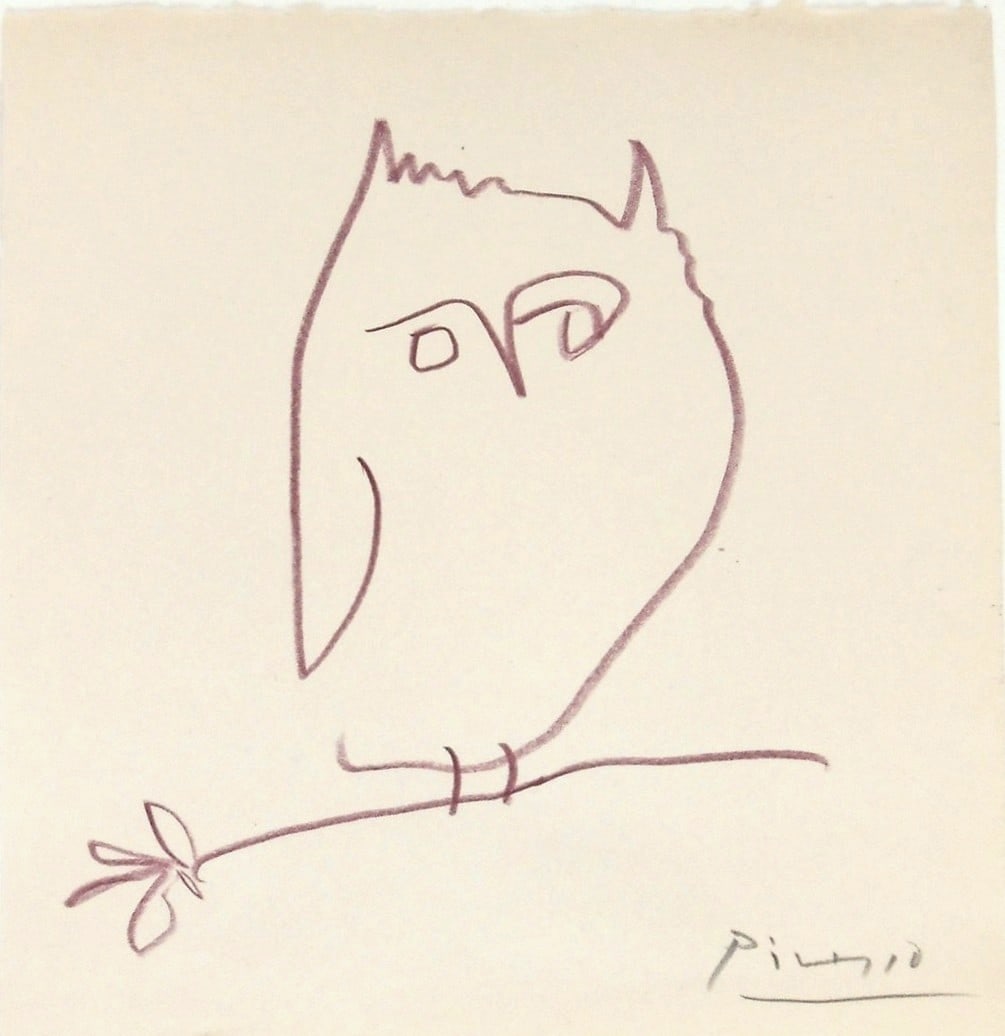 Pablo Picasso* (1881-1973) Colored Pencil Drawing (See Fine Art Disclaimer): Colored pencil drawing on cream color wove paper, perched owl, pencil signed (Pablo Picasso*, 1881-1973). Very good condition overall, having no readily apparent damage or repairs. Removed from frame