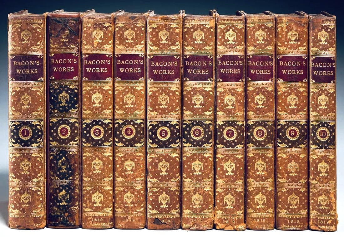 The Works Of Francis Bacon, 10 Vols, 1819: The Works of Francis Bacon, complete in 10 volumes, printed for F.C. and J. Rivington, London, 1819. Leather spines, marbled sides. General condition is fair, some boards are loose, some detached, som