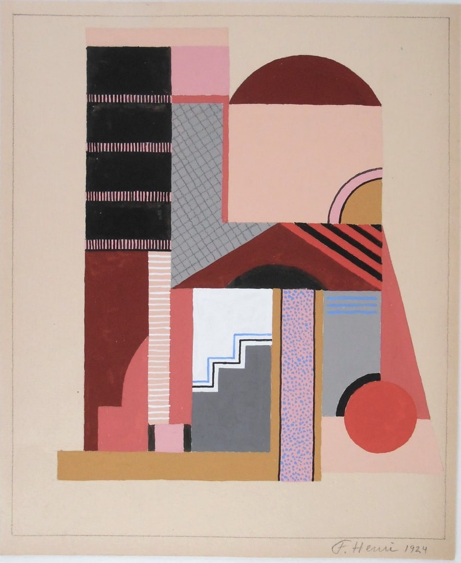 Florence Henri* (1893-1982) Gouache: Gouache with pencil on cream-color wove paper, untitled abstract, signed in pencil and dated 1924 (Florence Henri*, 1893-1982). 11 1/2 x 9 1/2 inches. Excellent overall condition, having no apparent