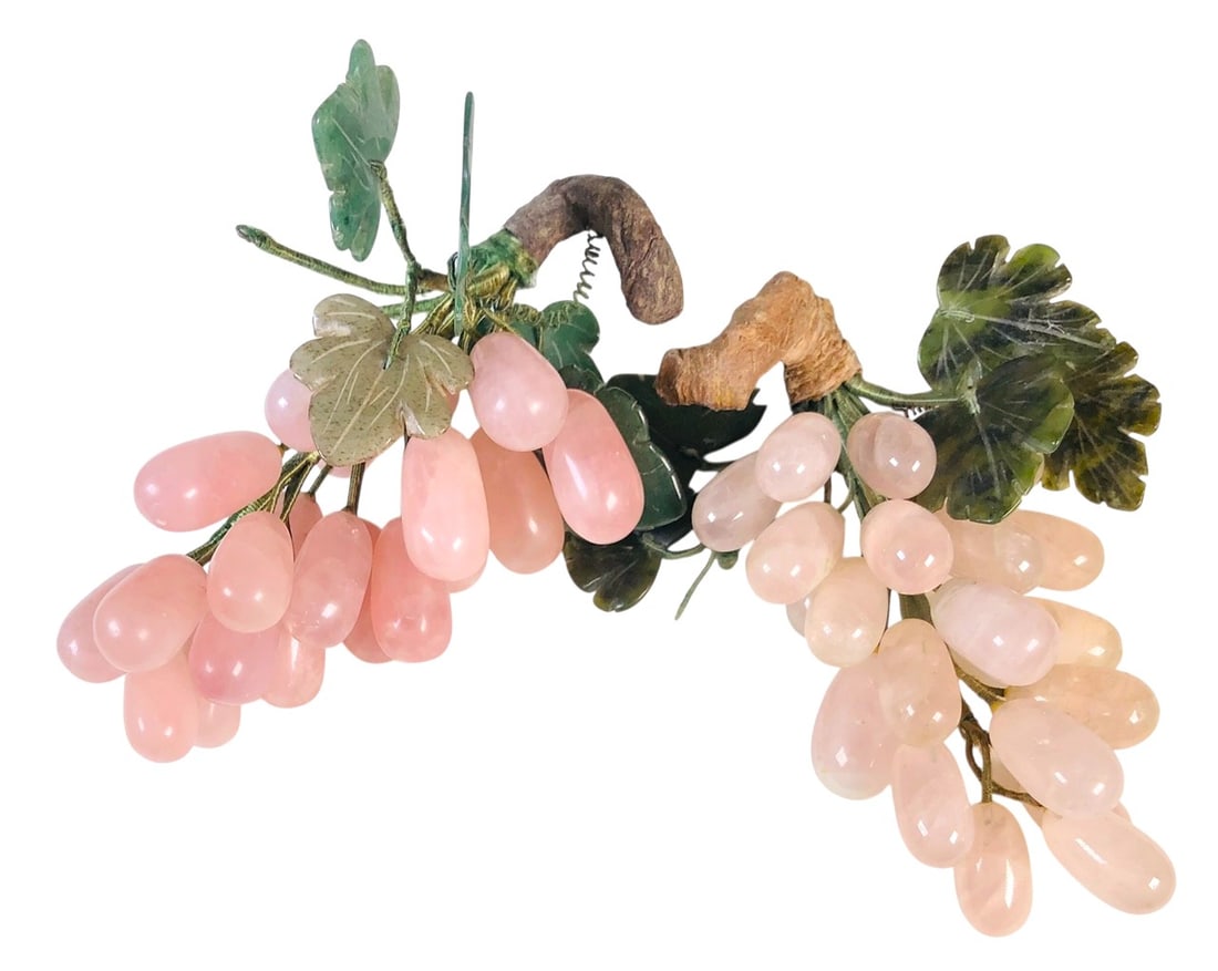 Carved Rose Quartz Grape Clusters: Carved rose quartz grapes with jade/hardstone leaves, Chinese, mid-20th century. Very good condition, some age-related wear.Dimensions (each): L. 7 inches W. 5 inches