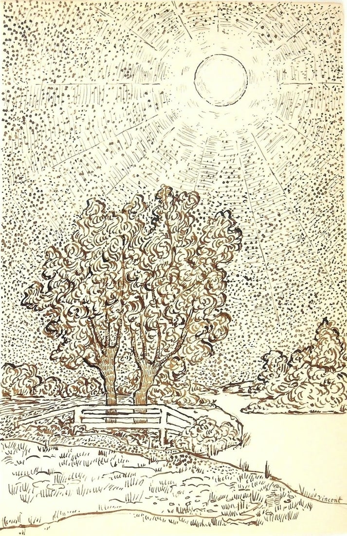 Vincent Van Gogh* (1853-1890) Ink Drawing (See Fine Art Disclaimer): Pen and brown ink drawing on laid paper, river landscape with small bridge and sunlit sky, signed (Vincent van Gogh*, 1853-1890). Very good condition, having no visible damage or repairs. Removed from