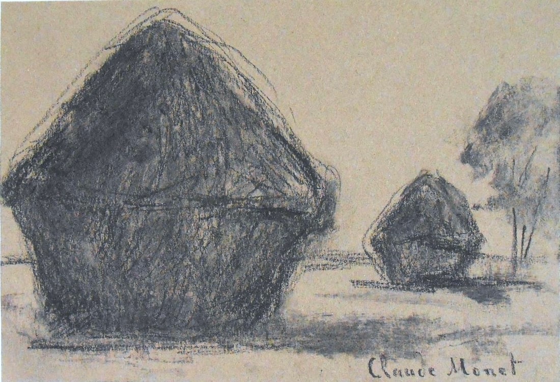 Claude Monet* (1840-1926) Charcoal Drawing (See Fine Art Disclaimer): Charcoal drawing on greenish-gray wove paper, field with two haystacks, signed (Claude Monet*, 1840-1926). Very good condition overall, having no visible damage or repairs. Removed from frame for insp
