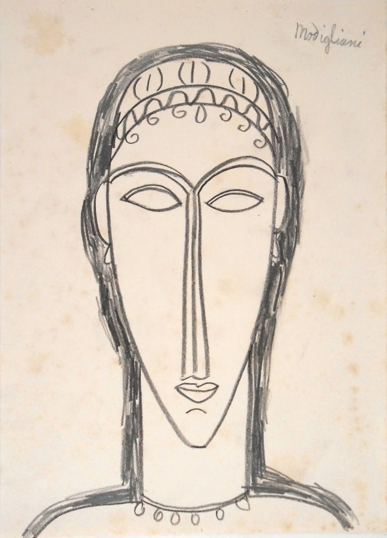 Amedeo Modigliani* (1884-1920) Ink Drawing (See Fine Art Disclaimer): Pencil drawing on off-white wove paper, caryatid, pencil signed (Amedeo Modigliani*, 1884-1920). Areas of foxing, front and back, otherwise very good condition. Removed from frame for inspection, phot