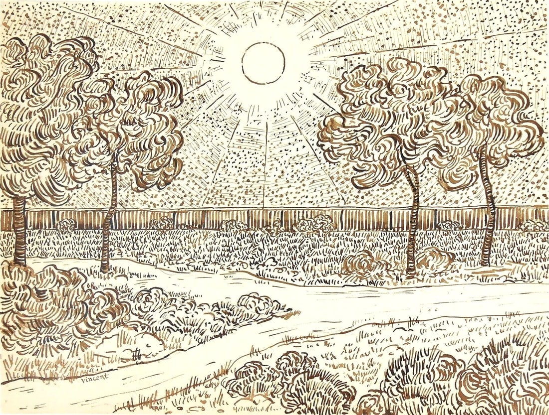Vincent Van Gogh* (1853-1890) Ink Drawing (See Fine Art Disclaimer): Pen and brown ink drawing on laid paper, park landscape with sun, signed (Vincent van Gogh*, 1853-1890). Very good condition, having no visible damage or repairs. Removed from frame for inspection, ph