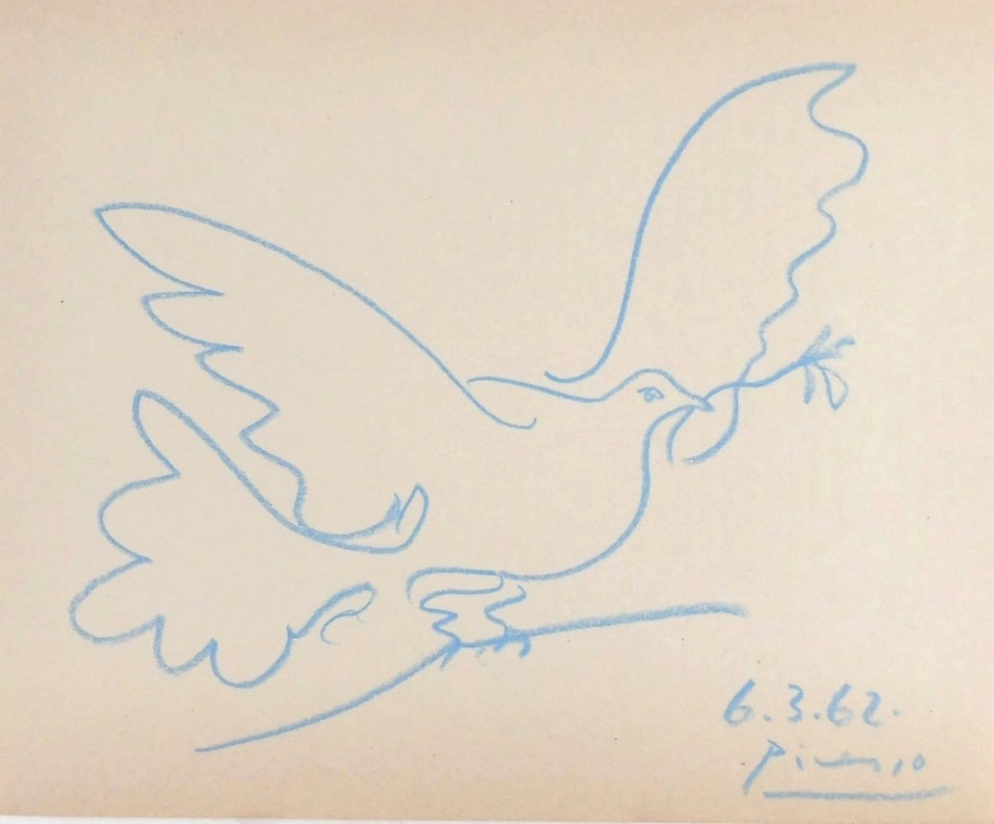 Pablo Picasso* (1881-1973) Colored Pencil Drawing (See Fine Art Disclaimer): Colored pencil drawing on wove paper, dove perched on a branch, signed and dated (Pablo Picasso*, 1881-1973). Very good condition overall, having no readily apparent damage or repairs. Removed from fr