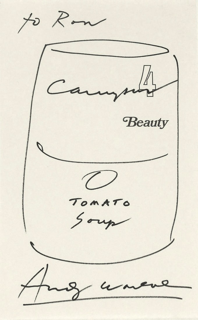 Andy Warhol (1928-1987) Soup Can Drawing: Souvenir Campbell's soup can drawing executed in felt-tip pen on a page from Andy Warhol's, "The Philosophy of Andy Warhol (from A to B)," by Andy Warhol* (1928-1987). Signed and inscribed. Excellent