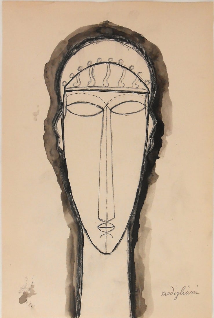 Amedeo Modigliani* (1884-1920) Ink Drawing (See Fine Art Disclaimer): Black ink, charcoal, and wash drawing on off-white wove paper, caryatid, pencil signed (Amedeo Modigliani*, 1884-1920). Very good condition, having no visible damage or repairs. Removed from frame for