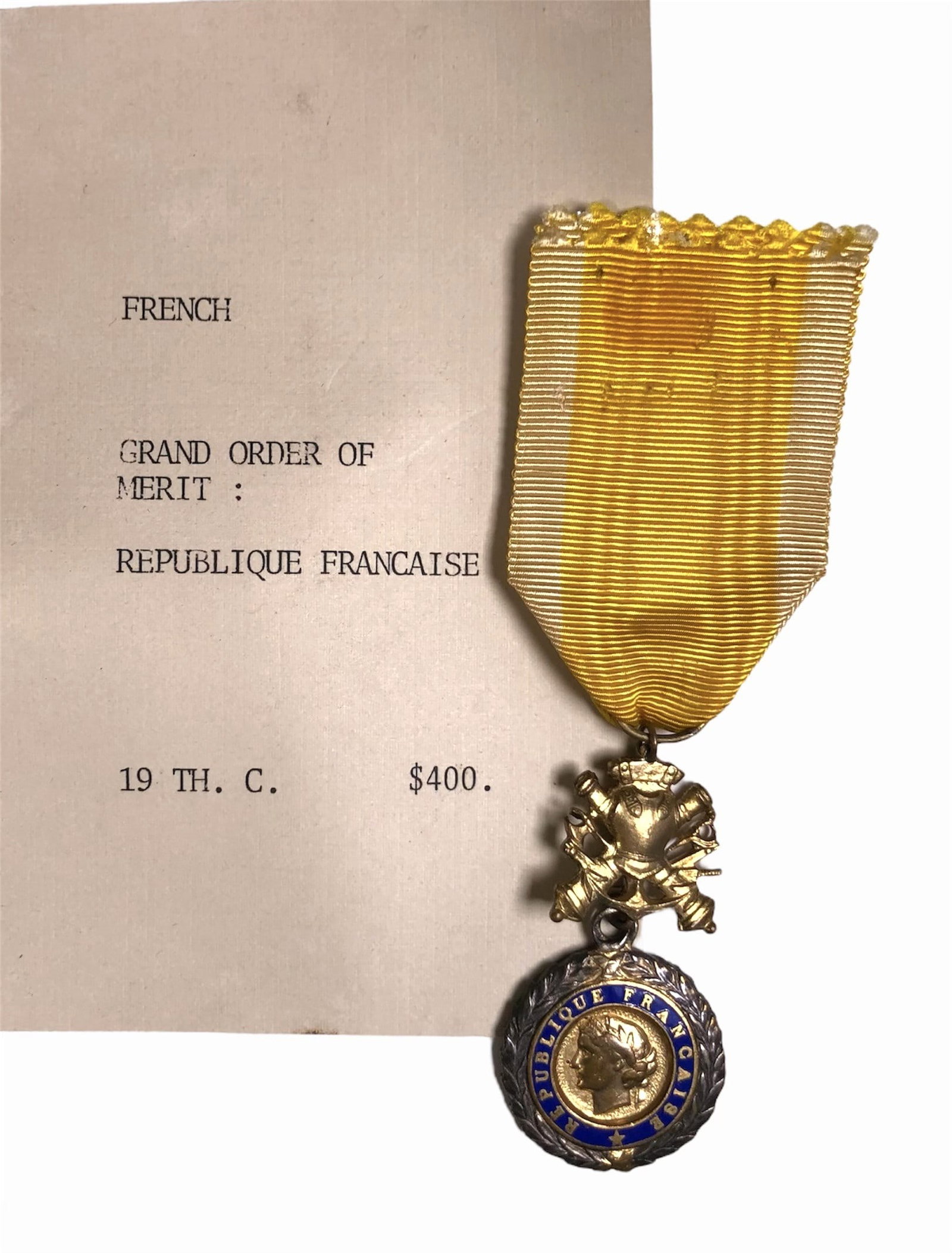 Grand Order Of Merit, France, 19th Century: Grand Order of Merit, French Republic, gilt metal and enamel, circa 19th century. Scarce medal. Excellent condition.Provenance: The Bienville Shop & Gallery, New Orleans, Louisiana