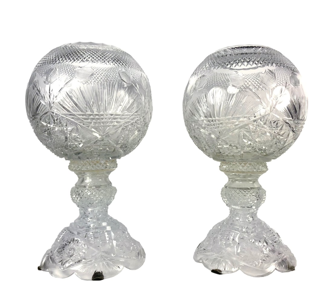 Pair Of Fine Crystal Vases, 20th Century: Pair of large crystal vases, probably American or English, circa 20th century. Excellent condition. Dimensions: H. 16 inches W. 10 inches D. 10 inches