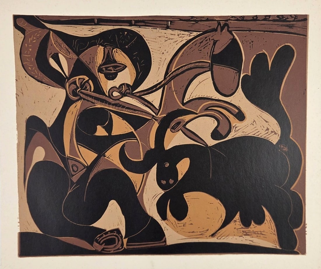 Pablo Picasso (1881-1973) Color Linocut, 1962: Original color linoleum cut (linocut), Picador Goading Bull, Harry N. Abrams edition, 1962. After the original by Pablo Picasso (1881-1973), created under the direction of the artist using the origina