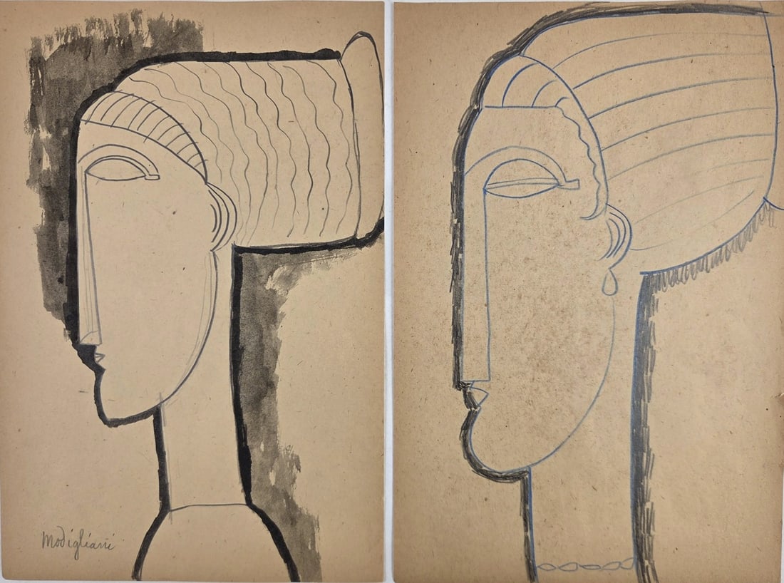 Amedeo Modigliani* (1884-1920) Sketchbook Drawings (See Disclaimer & Guarantee): Two sketchbook drawings on thin tan paper, one pencil and blue pencil, the other pencil with ink wash, each a head in profile facing left. One signed, the other unsigned (Amedeo Modigliani*, 1884-1920