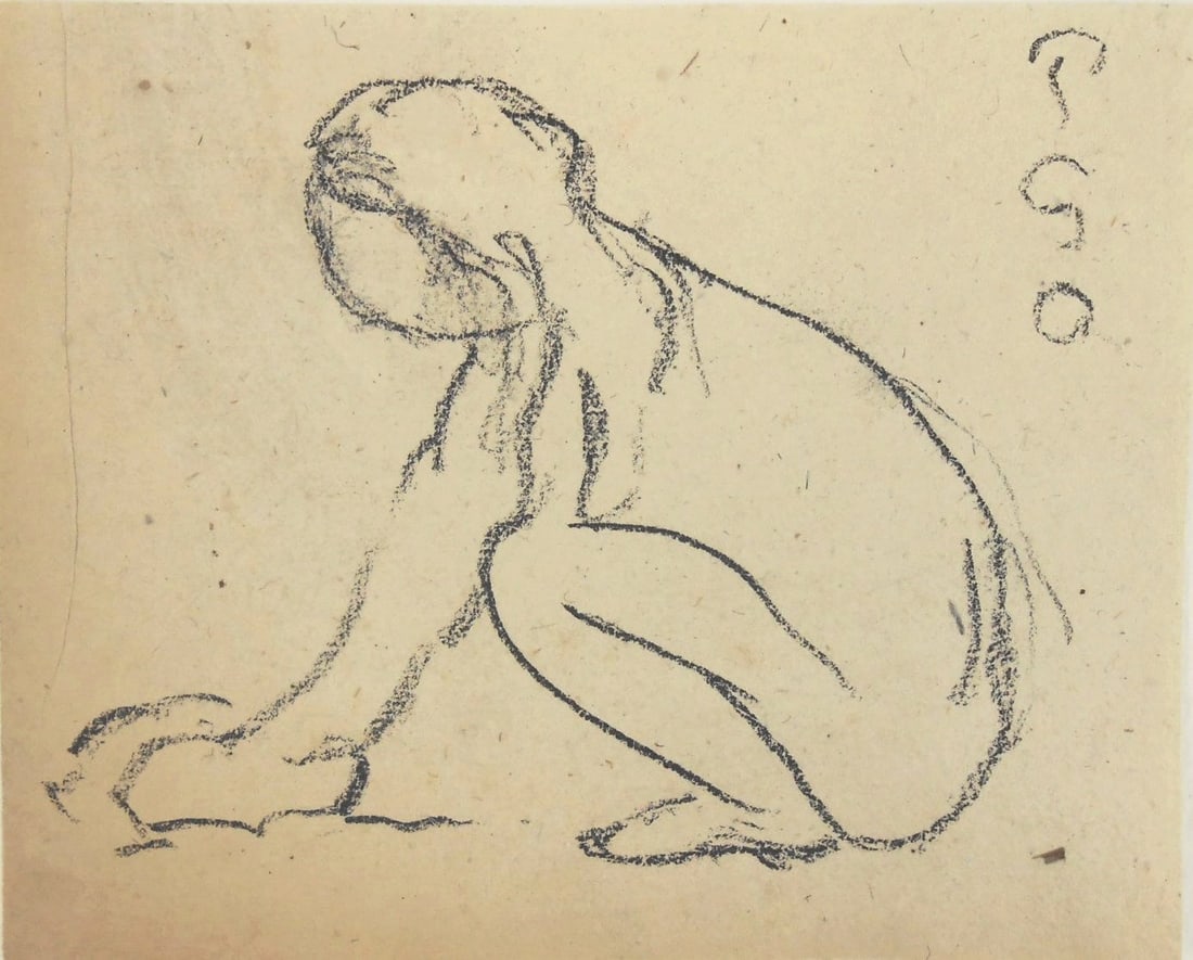 Paul Gauguin* (1848-1903) Charcoal Drawing (See Disclaimer & Guarantee): Charcoal drawing on handmade laid paper, Tahitian woman crouching, signed with the initials "PGO" (Paul Gauguin*, 1848-1903). 4 x 4 7/8 inches. Good condition overall. Removed from frame for