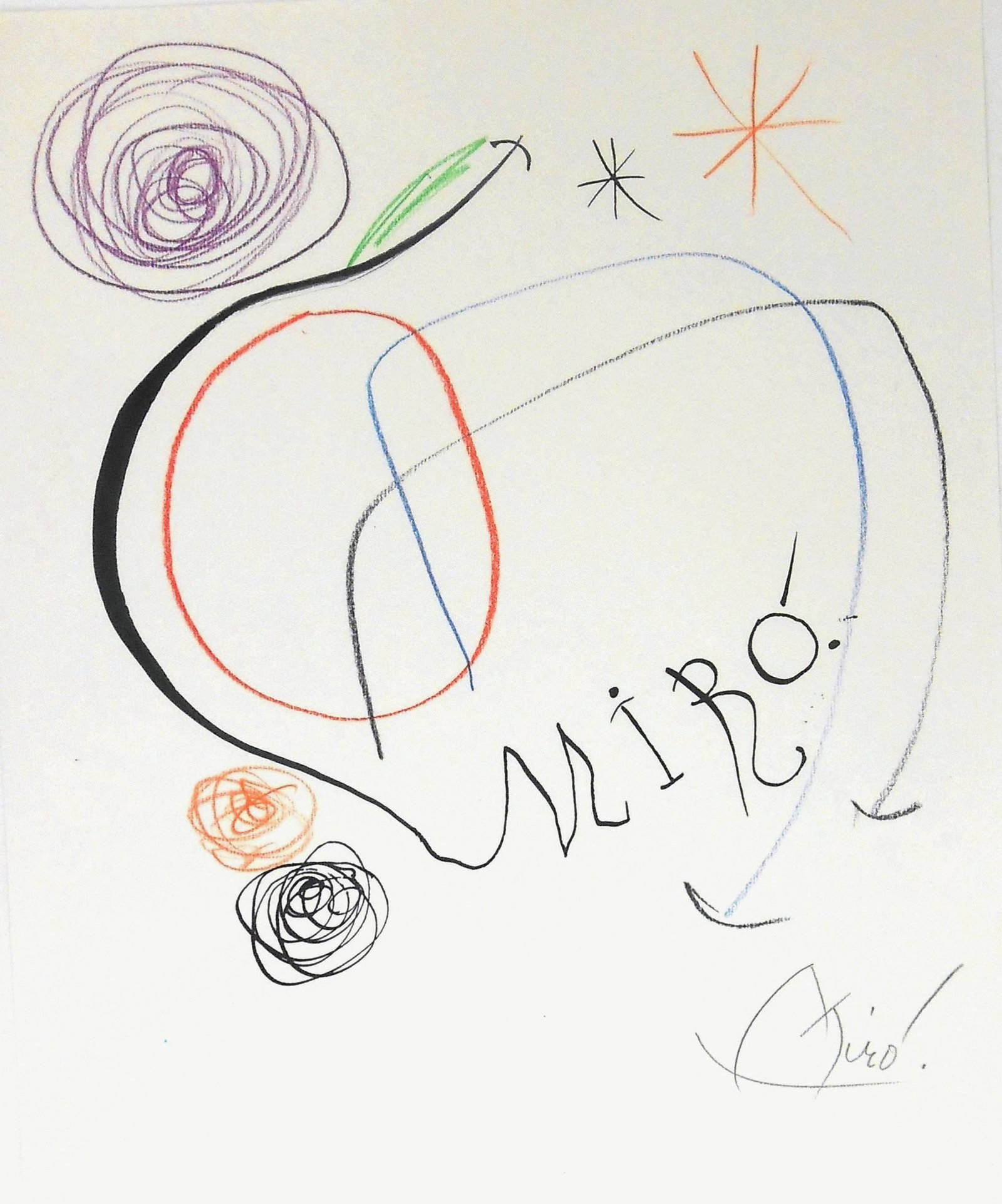Joan Miro* (1893-1983) Mixed Media Drawing (See Disclaimer & Guarantee): Mixed media drawing on laid paper, untitled abstract, signed twice, once boldly in black ink and also in pencil (Joan Miro*, 1893-1983). Very good condition. No visible damage or repairs. Removed