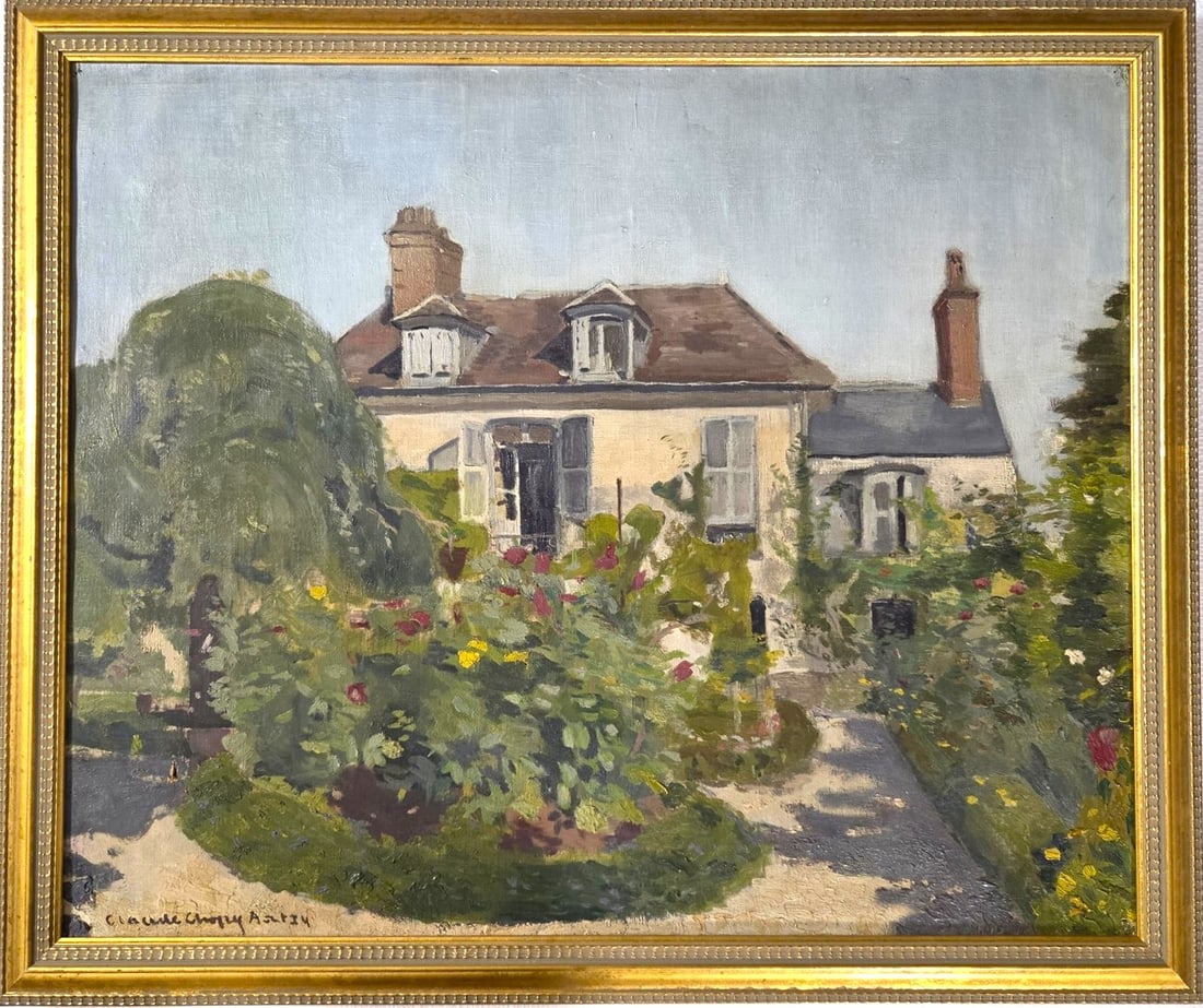 Oil Painting, French, Signed, Circa 1900: Oil painting on canvas, French country house with gardens, signed, circa 1890-1910. Good condition overall. Framed. Dimensions: H. 22 1/2 inches W. 26 3/4 inches