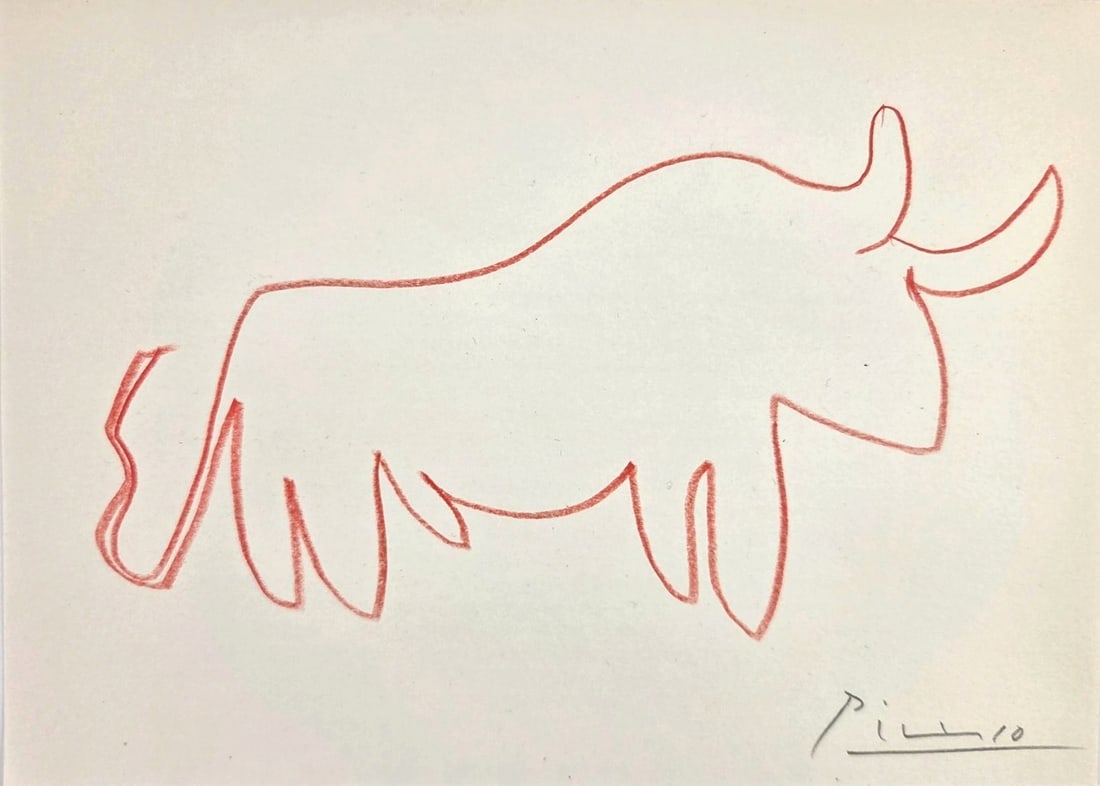Pablo Picasso* (1881-1973) Colored Pencil Drawing (See Disclaimer & Guarantee): Red colored pencil drawing on wove paper, profile of a standing bull, pencil signed (Pablo Picasso*, 1881-1973). Very good condition overall, having no signs of damage or repairs. Unframed for