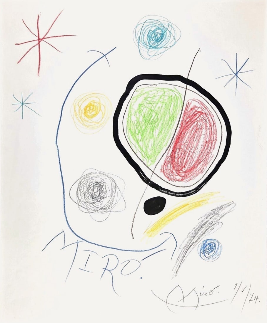 Joan Miro* (1893-1983) Mixed Media Drawing (See Disclaimer & Guarantee): Mixed media drawing on wove paper, untitled abstract with constellations, pencil signed and dated (Joan Miro*, 1893-1983). Very good condition overall. Unframed for inspection, photographing, and
