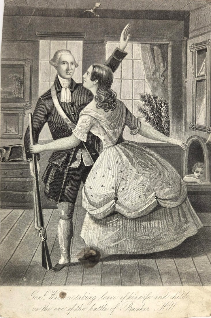 18th Century Historical Engraving: Historical engraving, "General Warren taking leave of his wife and child on the eve of the Battle of Bunker Hill." Circa late 18th/early 19th century. A few minor imperfections, otherwise good