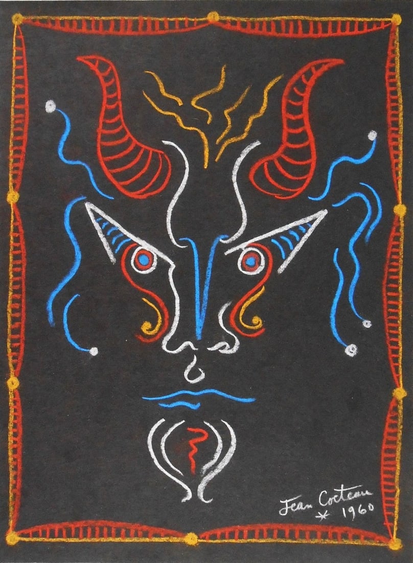 Jean Cocteau* (1889-1963) Pastel (See Guarantee & Disclaimer): Pastel (colored chalk) drawing on black paper, Satyr, signed and dated 1960 (Jean Cocteau*, 1889-1963). Very good condition. No evidence of any damage or repairs. Removed from frame for inspection,