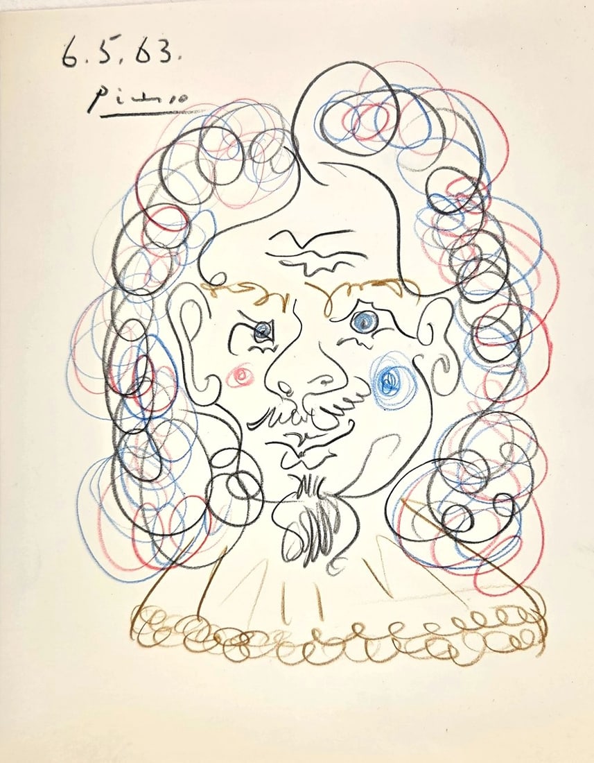 Pablo Picasso* (1881-1973) Colored Pencil Sketch (See Disclaimer & Guarantee): Colored pencil sketch on wove paper, portrait of a 17th century man, signed (Pablo Picasso*, 1881-1973). Very good condition overall. Unframed for inspection, photographing, and shipping. Sold