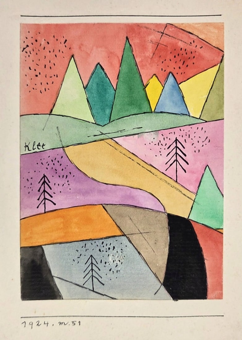 Paul Klee* (1879-1940) Watercolor (See Disclaimer & Guarantee): Watercolor with gouache and black ink on paper laid down to artist's mount, alpine scene, signed and dated 1924 on mount (Paul Klee*, 1879-1940). Very good condition. Removed from frame for