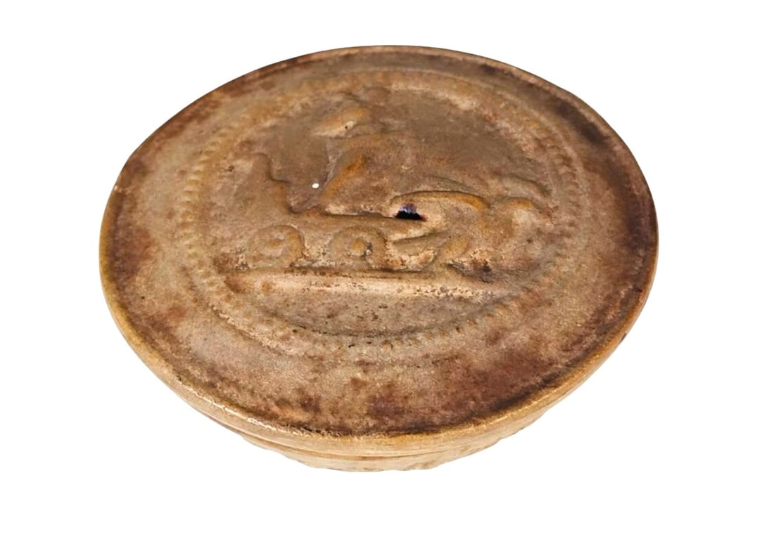 Roman Empire Makeup Jar & Lid: Glazed terracotta make up jar and lid, late Roman period. The lid decorated with Jupiter standing on a wagon drawn by eagles. Very good condition. Dimensions: Dia. 3 1/4 inches H. 1 1/2 inches