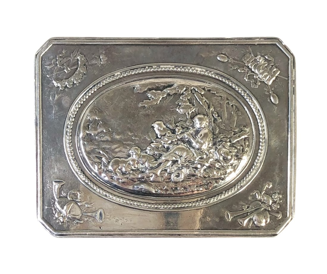 French Repousse Sterling Silver Snuff Box, 19th C: Sterling silver repousse snuff box, French hallmarks, circa mid-late 19th century (or earlier). Hinged lid. Very good condition. Dimensions: 3 3/8 x 2 5/8 x 1 inches