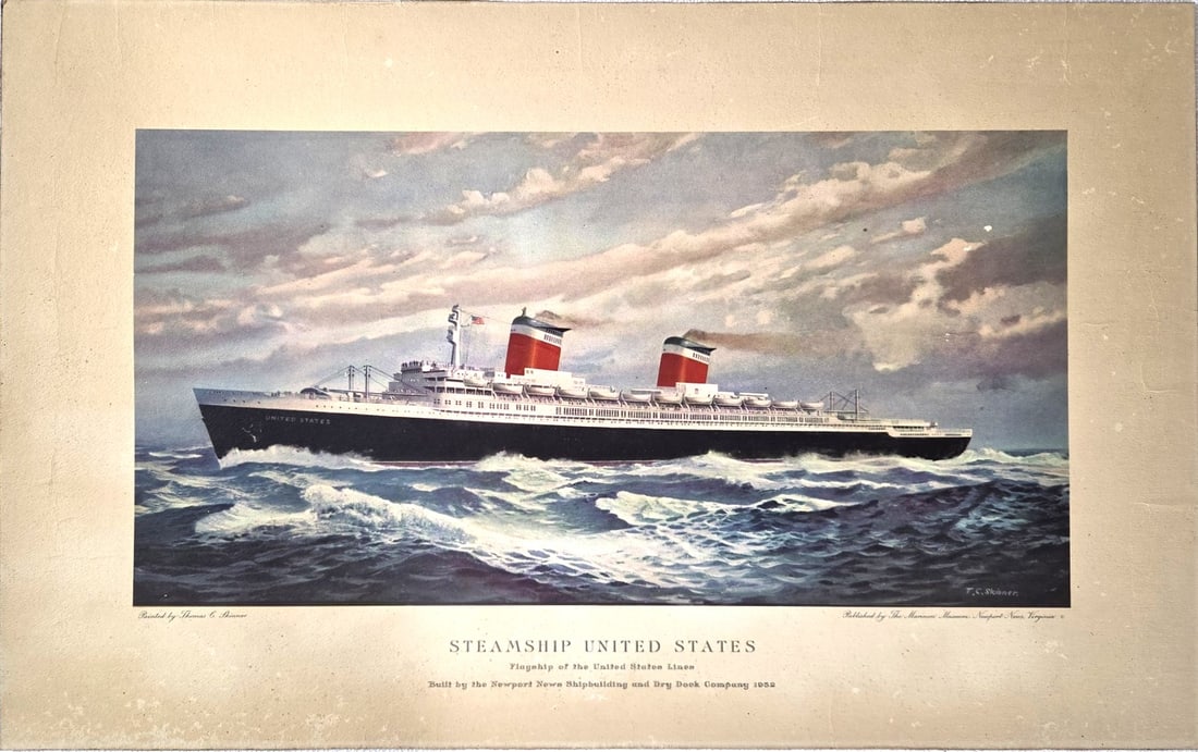 Steamship United States, Original Color Lithograph: Original color lithograph, Steamship United States, on heavy paper board. Published by the Mariners' Museum, Newport News, Virginia, circa 1955-1965. Very good condition overall. Sold unframed.