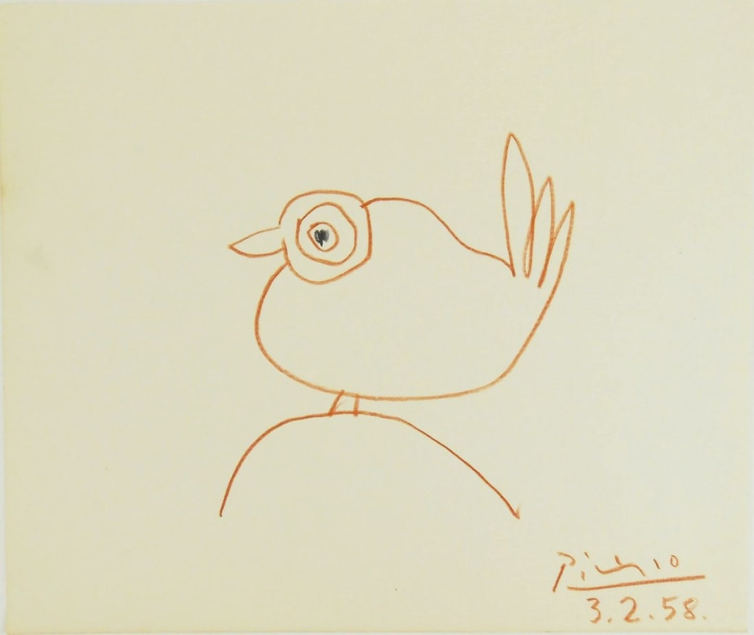 Pablo Picasso* (1881-1973) Colored Pencil Drawing (See Disclaimer & Guarantee): Colored pencil drawing on laid paper, bird perched on a rock, signed and dated (Pablo Picasso*, 1881-1973). 7 x 8 3/8 inches. Very good condition overall, having no visible damage or repairs. Removed