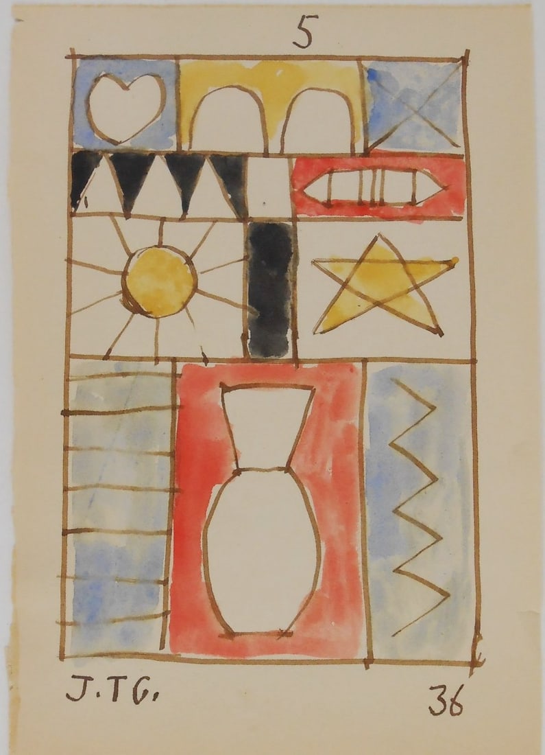 Joaquin Torres-Garcia* (1874-1949) Watercolor (See Disclaimer & Guarantee): Watercolor and black ink with pencil on thin wove sketchbook paper, constructive composition, signed with the artist's initials and dated (Joaquin Torres-Garcia*, 1874-1949). Good condition overall.