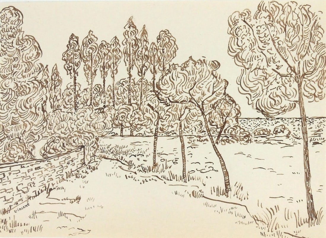Vincent Van Gogh* (1853-1890) Ink Drawing (See Fine Art Disclaimer): Pen and brown ink drawing on wove paper, rural landscape with small stone wall, signed (Vincent van Gogh*, 1853-1890). Very good condition, having no visible damage or repairs. Removed from frame for
