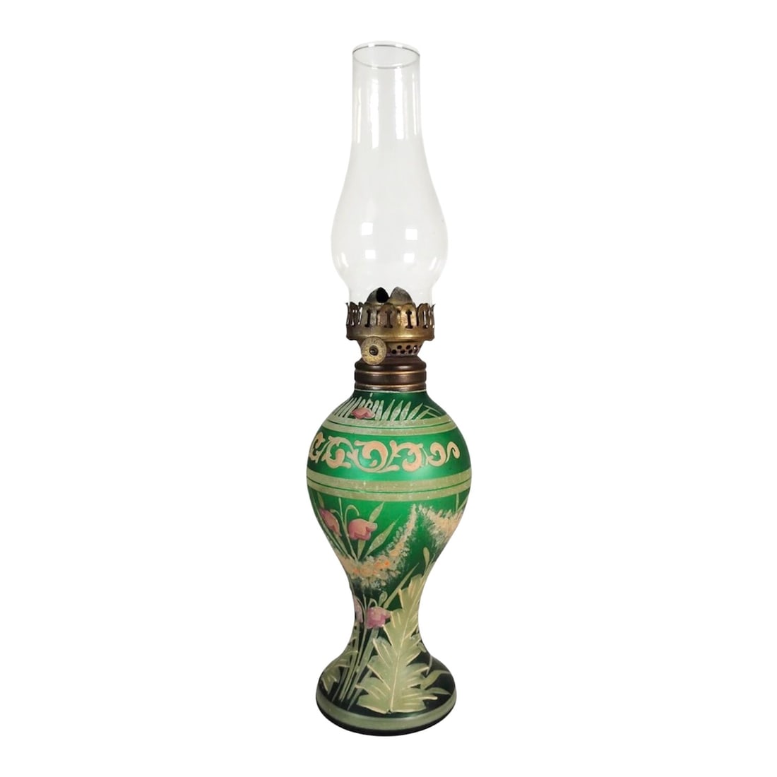 Antique Miniature Green Glass Oil Lamp: Miniature green glass oil lamp, decorated with flowers and foliage, probably American or English, circa early 20th century. Very good condition. Dimensions: H. (including glass chimney) 12 3/4 inches 